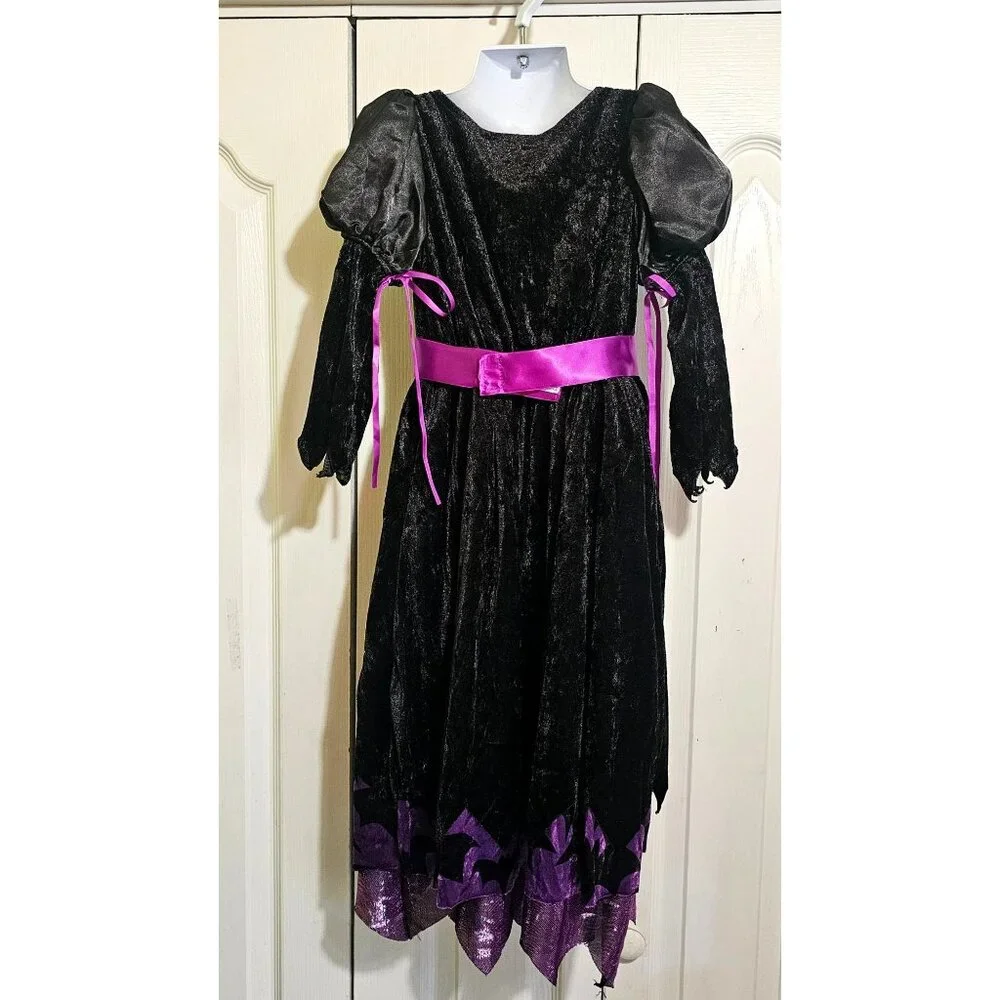 Purple Velvet Bat Witch Costume Girls 4-6 Spiderweb Spider Dress Hat